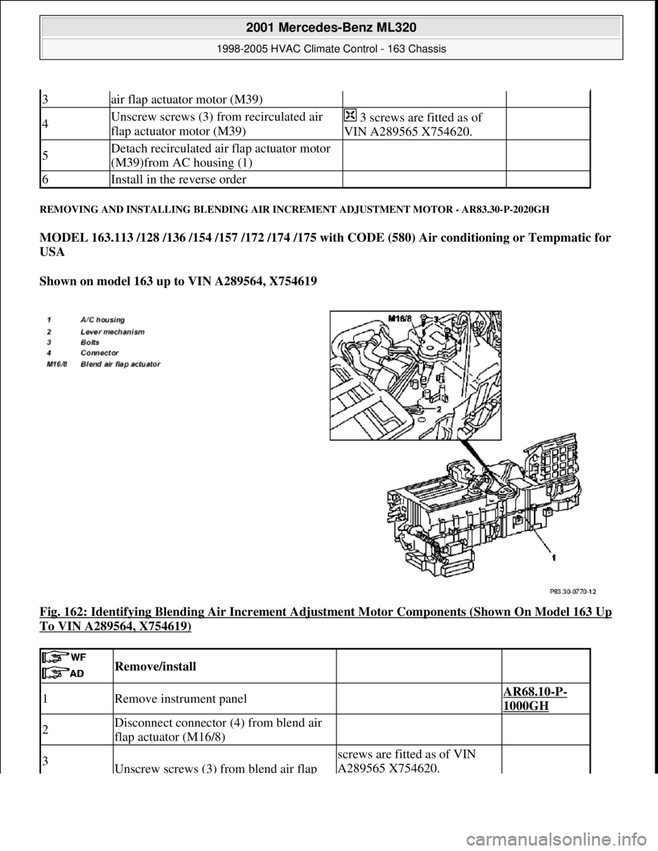 MERCEDES-BENZ ML320 1997  Complete Repair Manual REMOVING AND INSTALLING BLENDING AIR INCREMENT ADJUSTMENT MOTOR - AR83.30-P-2020GH 
MODEL 163.113 /128 /136 /154 /157 /172 /174 /175 with CODE (580) Air conditioning or Tempmatic for 
USA  
Shown on m