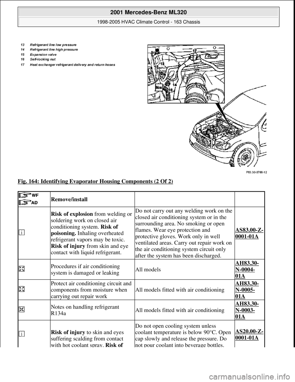 MERCEDES-BENZ ML320 1997 Complete Repair Manual Fig. 164: Identifying Evaporator Housing Components (2 Of 2)
Remove/install
Risk of explosion from welding or
soldering work on closed air
conditioning system. Risk of
poisoning. Inhaling o MERCEDES-BENZ ML320 1997 Complete Repair Manual Fig. 164: Identifying Evaporator Housing Components (2 Of 2)
Remove/install
Risk of explosion from welding or
soldering work on closed air
conditioning system. Risk of
poisoning. Inhaling o