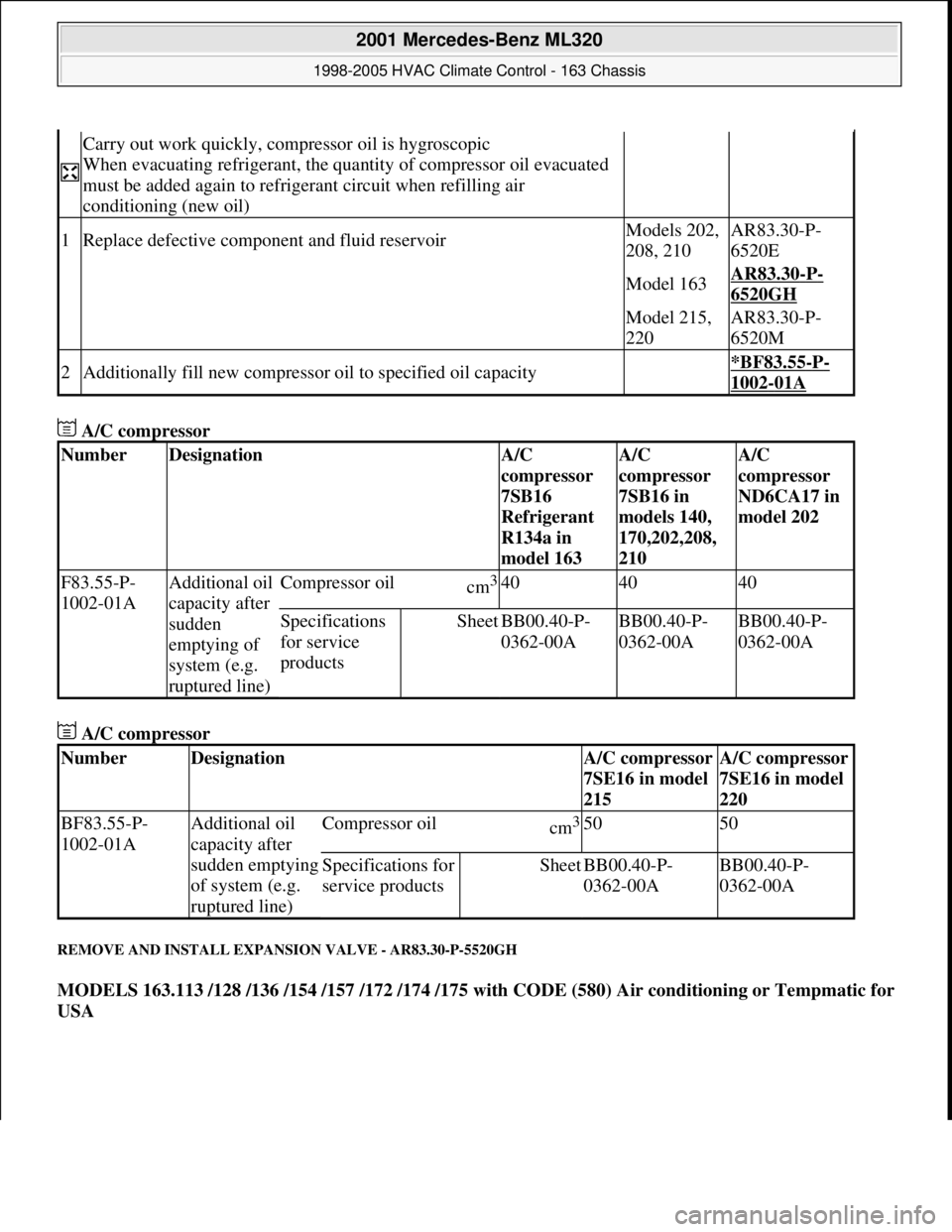 MERCEDES-BENZ ML320 1997 Complete Repair Manual A/C compressor
A/C compressor
REMOVE AND INSTALL EXPANSION VALVE - AR83.30-P-5520GH
MODELS 163.113 /128 /136 /154 /157 /172 /174 /175 with CODE (580) Air conditioning or Tempmatic for
USA
Ca MERCEDES-BENZ ML320 1997 Complete Repair Manual A/C compressor
A/C compressor
REMOVE AND INSTALL EXPANSION VALVE - AR83.30-P-5520GH
MODELS 163.113 /128 /136 /154 /157 /172 /174 /175 with CODE (580) Air conditioning or Tempmatic for
USA
Ca