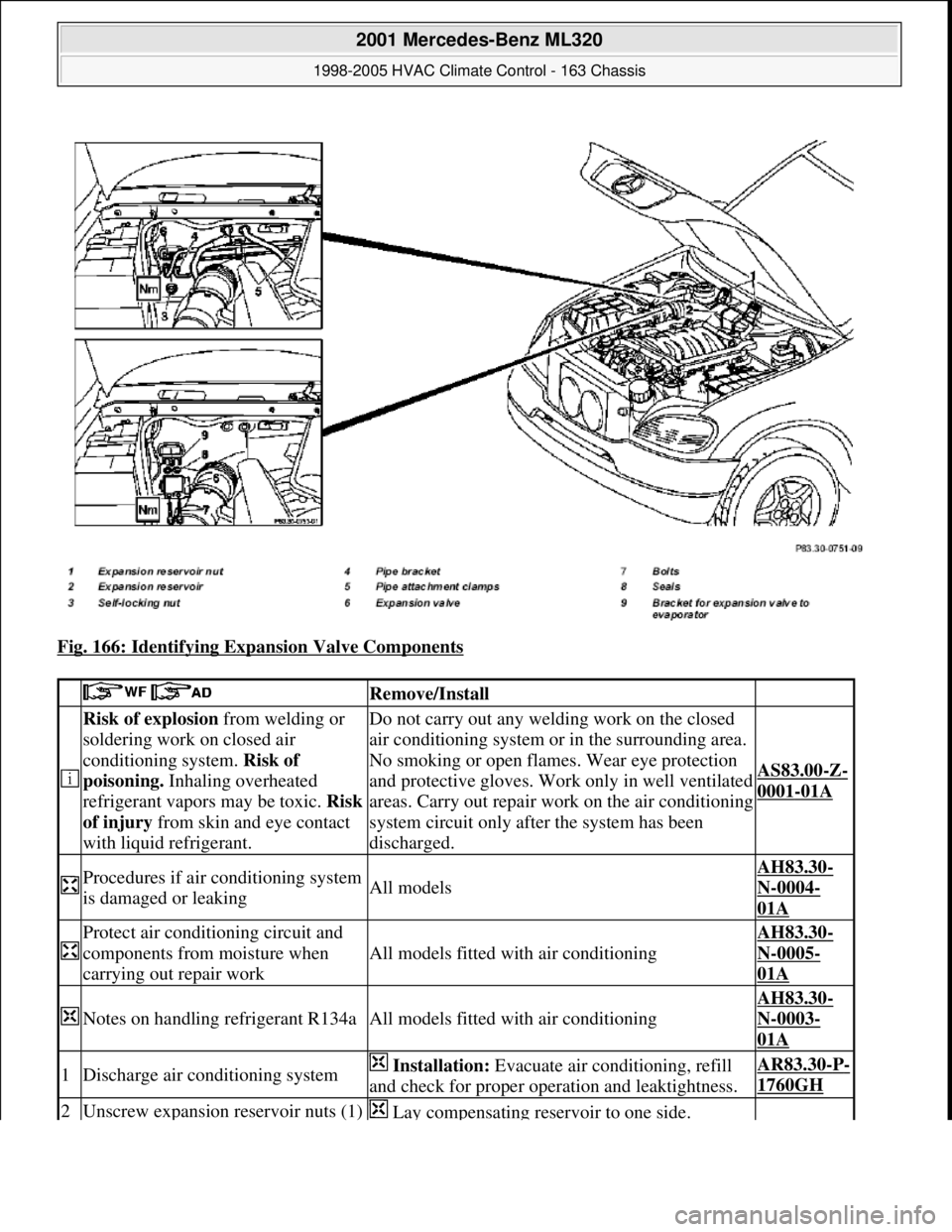 MERCEDES-BENZ ML320 1997 Complete Repair Manual Fig. 166: Identifying Expansion Valve Components
Remove/Install
Risk of explosion from welding or
soldering work on closed air
conditioning system. Risk of
poisoning. Inhaling overheated
re MERCEDES-BENZ ML320 1997 Complete Repair Manual Fig. 166: Identifying Expansion Valve Components
Remove/Install
Risk of explosion from welding or
soldering work on closed air
conditioning system. Risk of
poisoning. Inhaling overheated
re