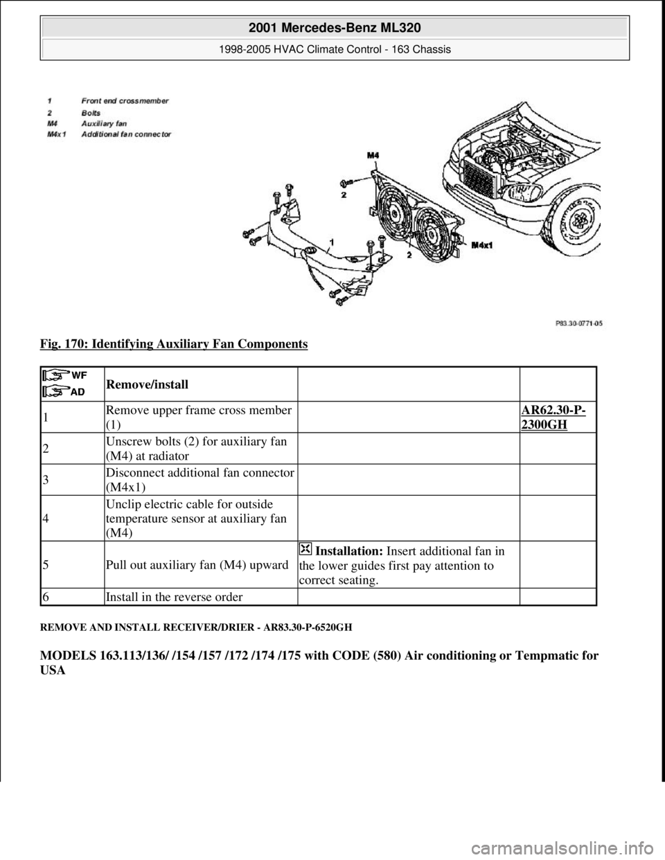MERCEDES-BENZ ML320 1997  Complete Repair Manual Fig. 170: Identifying Auxiliary Fan Components 
REMOVE AND INSTALL RECEIVER/DRIER - AR83.30-P-6520GH 
MODELS 163.113/136/ /154 /157 /172 /174 /175 with CODE (580) Air conditioning or Tempmatic for 
US