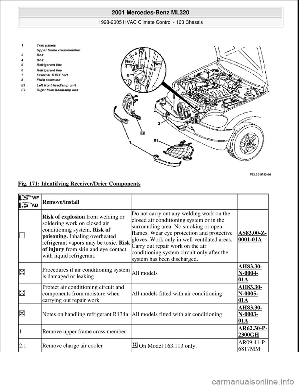 MERCEDES-BENZ ML320 1997 Complete Repair Manual Fig. 171: Identifying Receiver/Drier Components
Remove/install
Risk of explosion from welding or
soldering work on closed air
conditioning system. Risk of
poisoning. Inhaling overheated
re MERCEDES-BENZ ML320 1997 Complete Repair Manual Fig. 171: Identifying Receiver/Drier Components
Remove/install
Risk of explosion from welding or
soldering work on closed air
conditioning system. Risk of
poisoning. Inhaling overheated
re