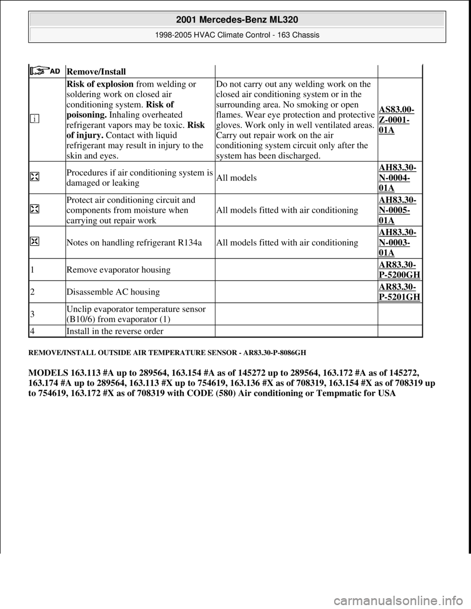 MERCEDES-BENZ ML320 1997 Complete Repair Manual REMOVE/INSTALL OUTSIDE AIR TEMPERATURE SENSOR - AR83.30-P-8086GH
MODELS 163.113 #A up to 289564, 163.154 #A as of 145272 up to 289564, 163.172 #A as of 145272,
163.174 #A up to 289564, 163.113 #X up MERCEDES-BENZ ML320 1997 Complete Repair Manual REMOVE/INSTALL OUTSIDE AIR TEMPERATURE SENSOR - AR83.30-P-8086GH
MODELS 163.113 #A up to 289564, 163.154 #A as of 145272 up to 289564, 163.172 #A as of 145272,
163.174 #A up to 289564, 163.113 #X up