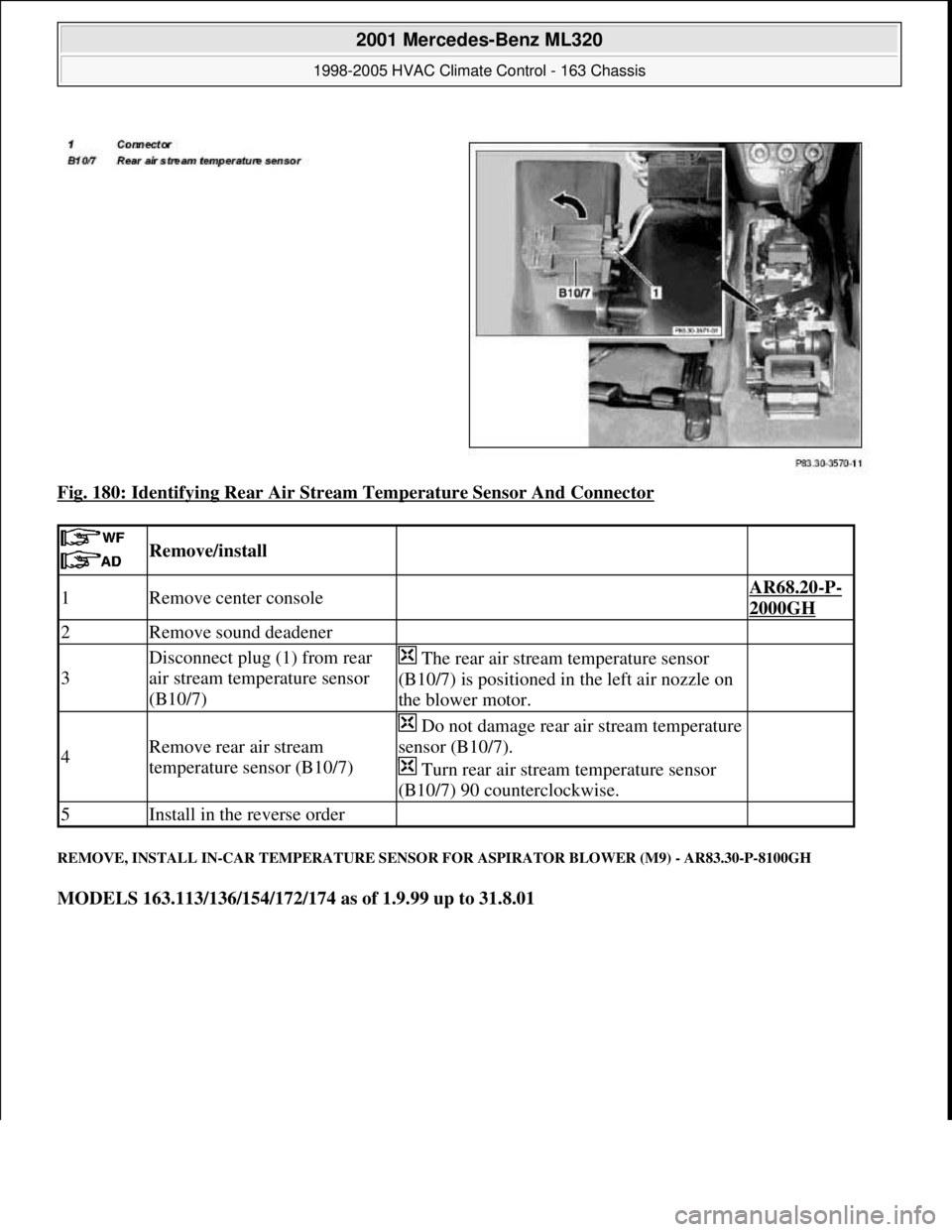 MERCEDES-BENZ ML320 1997  Complete Repair Manual Fig. 180: Identifying Rear Air Stream Temperature Sensor And Connector 
REMOVE, INSTALL IN-CAR TEMPERATURE SENSOR FOR ASPIRATOR BLOWER (M9) - AR83.30-P-8100GH 
MODELS 163.113/136/154/172/174 as of 1.9