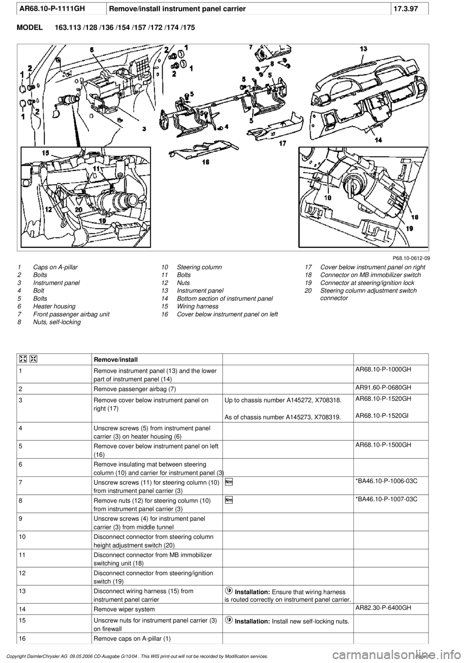 MERCEDES-BENZ ML320 1997  Complete Repair Manual 
 AR68.10-P-1111GH
Remove/install instrument panel carrier
17.3.97

MODEL 
163.113 /128 /136 /154 /157 /172 /174 /175

P68.10-0612-09

1
Caps on A-pillar

2
 Bolts

3
 Instrument panel

4
 Bolt

5
 Bo