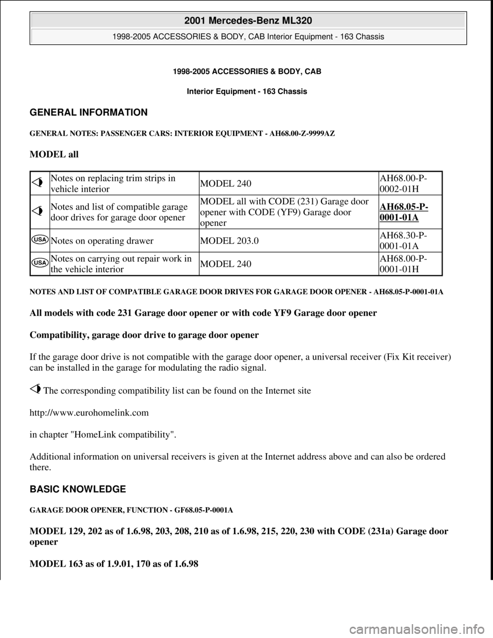 MERCEDES-BENZ ML320 1997 Complete Repair Manual 1998-2005 ACCESSORIES & BODY, CAB
Interior Equipment - 163 Chassis
GENERAL INFORMATION
GENERAL NOTES: PASSENGER CARS: INTERIOR EQUIPMENT - AH68.00-Z-9999AZ
MODEL all
NOTES AND LIST OF COMPATIBLE MERCEDES-BENZ ML320 1997 Complete Repair Manual 1998-2005 ACCESSORIES & BODY, CAB
Interior Equipment - 163 Chassis
GENERAL INFORMATION
GENERAL NOTES: PASSENGER CARS: INTERIOR EQUIPMENT - AH68.00-Z-9999AZ
MODEL all
NOTES AND LIST OF COMPATIBLE