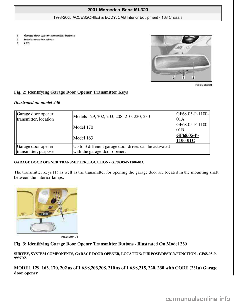 MERCEDES-BENZ ML320 1997 Complete Repair Manual Fig. 2: Identifying Garage Door Opener Transmitter Keys
Illustrated on model 230
GARAGE DOOR OPENER TRANSMITTER, LOCATION - GF68.05-P-1100-01C
The transmitter keys (1) as well as the transmitter f MERCEDES-BENZ ML320 1997 Complete Repair Manual Fig. 2: Identifying Garage Door Opener Transmitter Keys
Illustrated on model 230
GARAGE DOOR OPENER TRANSMITTER, LOCATION - GF68.05-P-1100-01C
The transmitter keys (1) as well as the transmitter f
