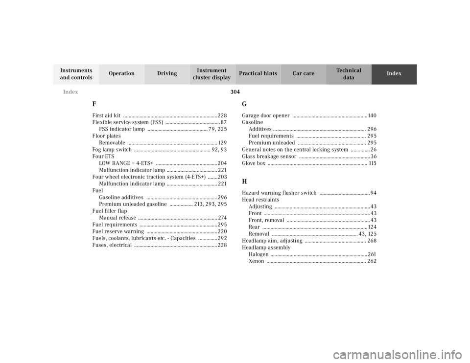 MERCEDES-BENZ ML320 1997  Complete Repair Manual 304 Index
Te ch n ica l
data Instruments 
and controlsOperation DrivingInstrument 
cluster displayPractical hints Car careIndex
FFirst aid kit  ........................................................