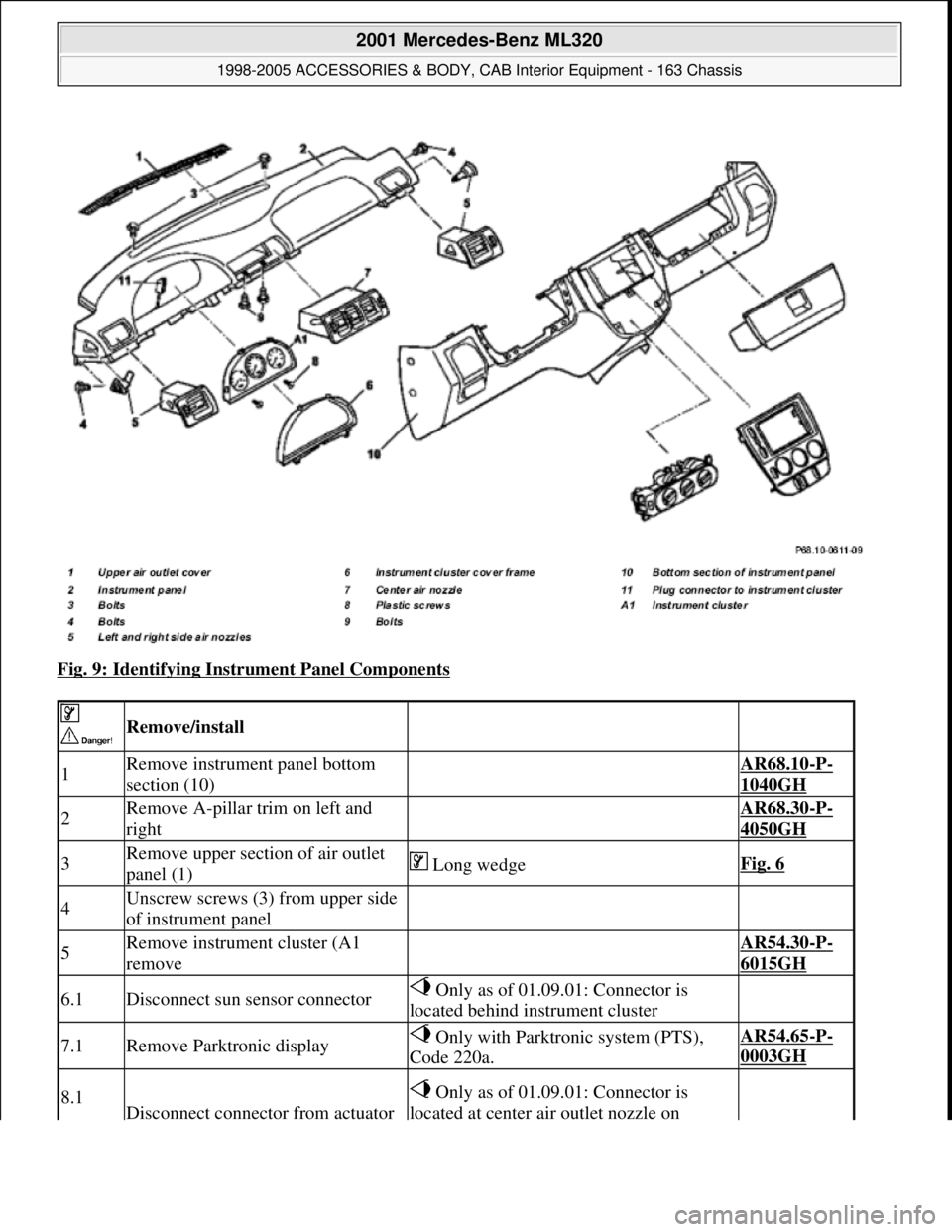 MERCEDES-BENZ ML320 1997  Complete Repair Manual Fig. 9: Identifying Instrument Panel Components 
 
 Remove/install  
1Remove instrument panel bottom 
section (10) AR68.10-P-
1040GH
2Remove A-pillar trim on left and 
right AR68.30-P-
4050GH
3Remove 