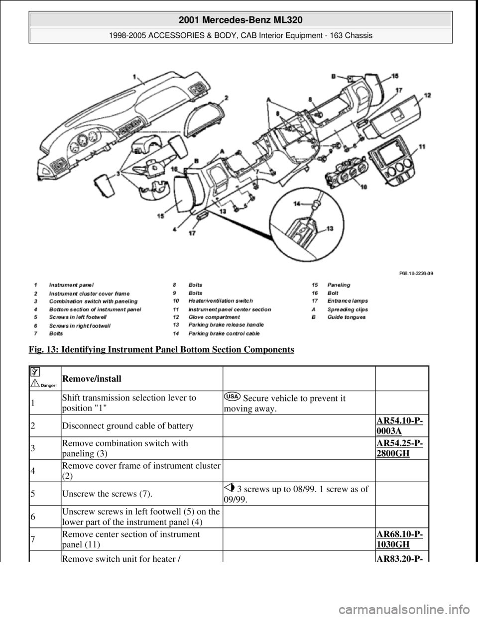 MERCEDES-BENZ ML320 1997  Complete Repair Manual Fig. 13: Identifying Instrument Panel Bottom Section Components 
 
 Remove/install  
1Shift transmission selection lever to 
position "1" Secure vehicle to prevent it 
moving away. 
2Disconnect ground