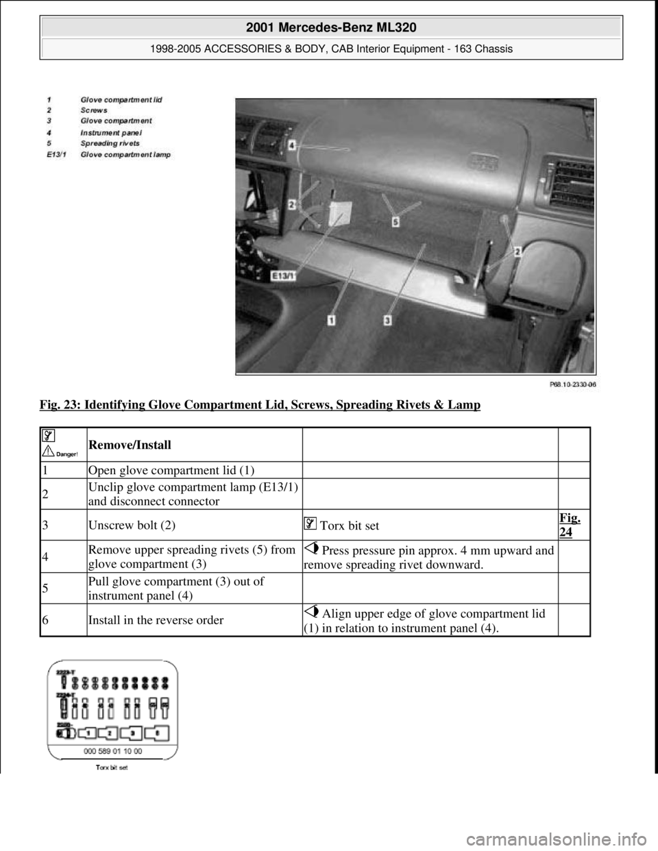 MERCEDES-BENZ ML320 1997  Complete Repair Manual Fig. 23: Identifying Glove Compartment Lid, Screws, Spreading Rivets & Lamp 
 
 Remove/Install  
1Open glove compartment lid (1)  
2Unclip glove compartment lamp (E13/1) 
and disconnect connector  
3U