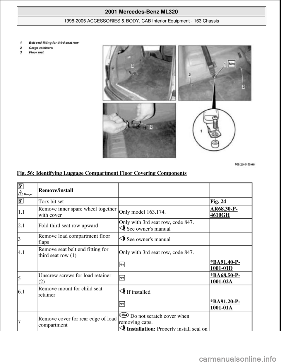 MERCEDES-BENZ ML320 1997  Complete Repair Manual Fig. 56: Identifying Luggage Compartment Floor Covering Components 
 
 Remove/install  
 Torx bit set Fig. 24
1.1Remove inner spare wheel together 
with coverOnly model 163.174.AR68.30-P-
4610GH
2.1Fo