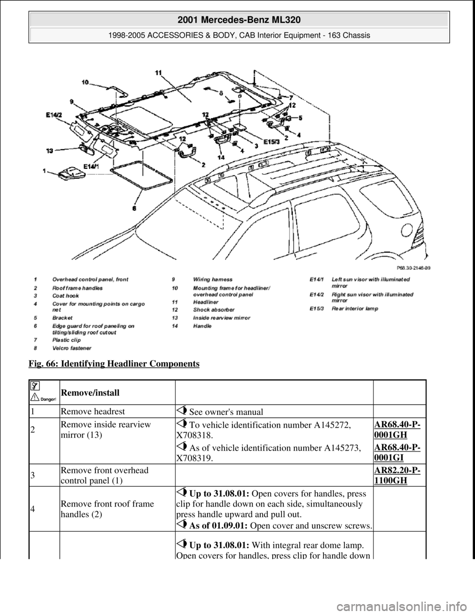 MERCEDES-BENZ ML320 1997  Complete Repair Manual Fig. 66: Identifying Headliner Components 
 
 Remove/install  
1Remove headrest See owners manual 
2Remove inside rearview 
mirror (13) To vehicle identification number A145272, 
X708318.AR68.40-P-
0