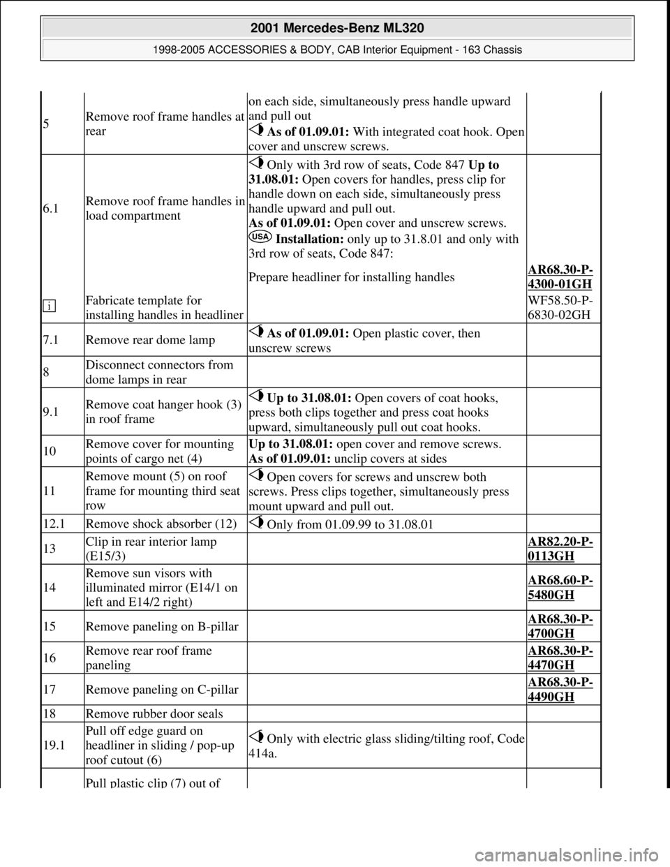MERCEDES-BENZ ML320 1997 Complete Repair Manual 5Remove roof frame handles at
rear
on each side, simultaneously press handle upward
and pull out
As of 01.09.01:With integrated coat hook. Open
cover and unscrew screws.
6.1Remove roof frame ha MERCEDES-BENZ ML320 1997 Complete Repair Manual 5Remove roof frame handles at
rear
on each side, simultaneously press handle upward
and pull out
As of 01.09.01:With integrated coat hook. Open
cover and unscrew screws.
6.1Remove roof frame ha