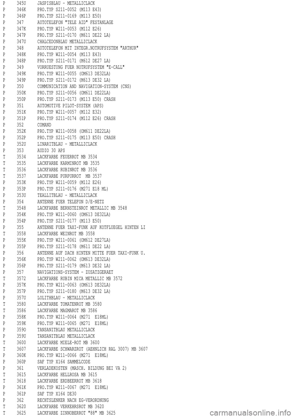MERCEDES-BENZ ML320 1997  Complete Repair Manual P 345U JASPISBLAU - METALLICLACK
P 346K PRO.TYP S211-0052 (M113 E43)
P 346P PRO.TYP S211-0169 (M113 E50)
P 347 AUTOTELEFON "TELE AID" FESTANLAGE
P 347K PRO.TYP W211-0053 (M112 E26)
P 347P PRO.TYP S211