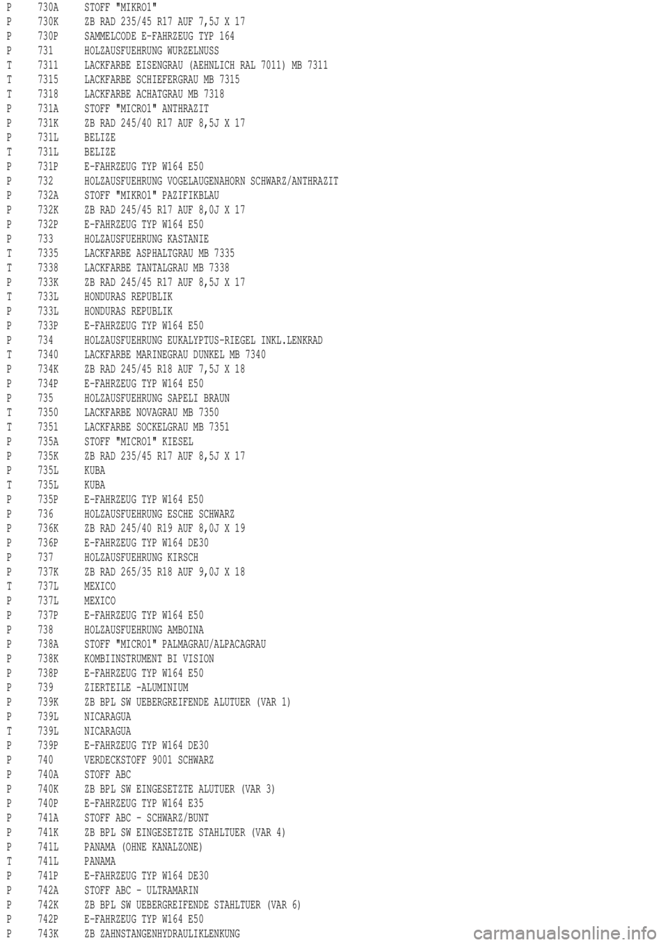 MERCEDES-BENZ ML320 1997  Complete Repair Manual P 730A STOFF "MIKRO1"
P 730K ZB RAD 235/45 R17 AUF 7,5J X 17
P 730P SAMMELCODE E-FAHRZEUG TYP 164
P 731 HOLZAUSFUEHRUNG WURZELNUSS
T 7311 LACKFARBE EISENGRAU (AEHNLICH RAL 7011) MB 7311
T 7315 LACKFAR