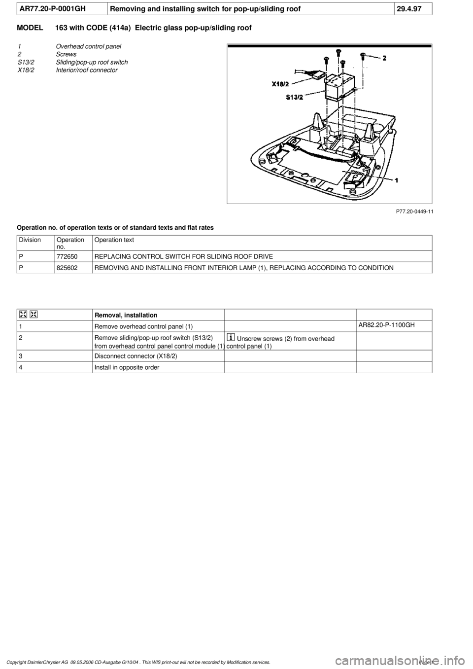 MERCEDES-BENZ ML320 1997  Complete Repair Manual 
 AR77.20-P-0001GH
Removing and installing switch for pop-up/sliding roof
29.4.97

MODEL 
163 with CODE (414a)  Electric glass pop-up/sliding roof

P77.20-0449-11

1
 Overhead control panel 

2
 Screw