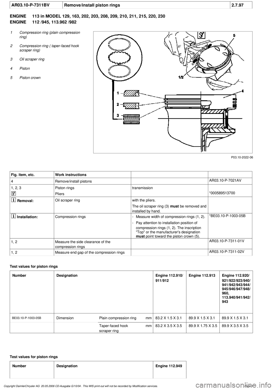 MERCEDES-BENZ ML320 1997  Complete Repair Manual 
 AR03.10-P-7311BV
Remove/install piston rings
2.7.97

ENGINE 
113 in MODEL 129, 163, 202, 203, 208, 209, 210, 211, 215, 220, 230

ENGINE 
 112 /945, 113.962 /982

P03.10-2022-06

1
Compression ring (