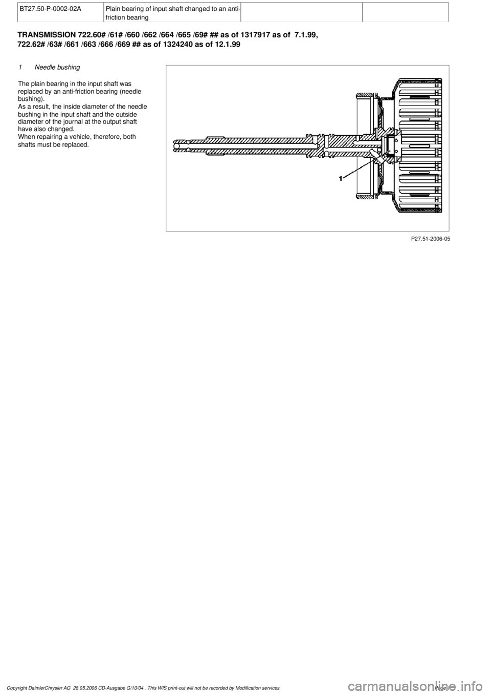 MERCEDES-BENZ ML320 1997  Complete Repair Manual 
 BT27.50-P-0002-02A
Plain bearing of input shaft changed to an anti-

friction bearing

TRANSMISSION 
 722.60# /61# /660 /662 /664 /665 /69# ## as of 1317917 as of  7.1.99, 
722.62# /63# /661 /663 /6
