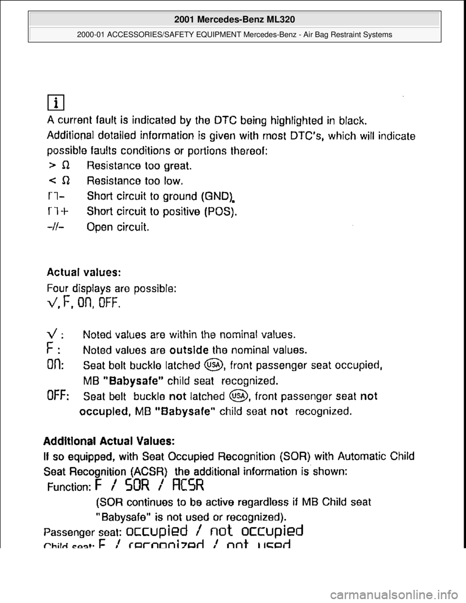 MERCEDES-BENZ ML320 1997  Complete Repair Manual  
2001 Mercedes-Benz ML320 
2000-01 ACCESSORIES/SAFETY EQUIPMENT Merc edes-Benz - Air Bag Restraint Systems  
me  
Saturday, October 02, 2010 3:44:45 PMPage 17 © 2006 Mitchell Repair Information Comp
