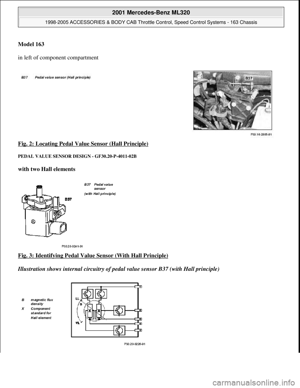 MERCEDES-BENZ ML320 1997  Complete Repair Manual Model 163    
in left of component compartment  
Fig. 2: Locating Pedal Valu  e Sensor (Hall Principle)
 
PEDAL VALUE SENSOR DE SIGN - GF30.20-P-4011-02B 
with two Hall elements    
Fig. 3: Identifyin