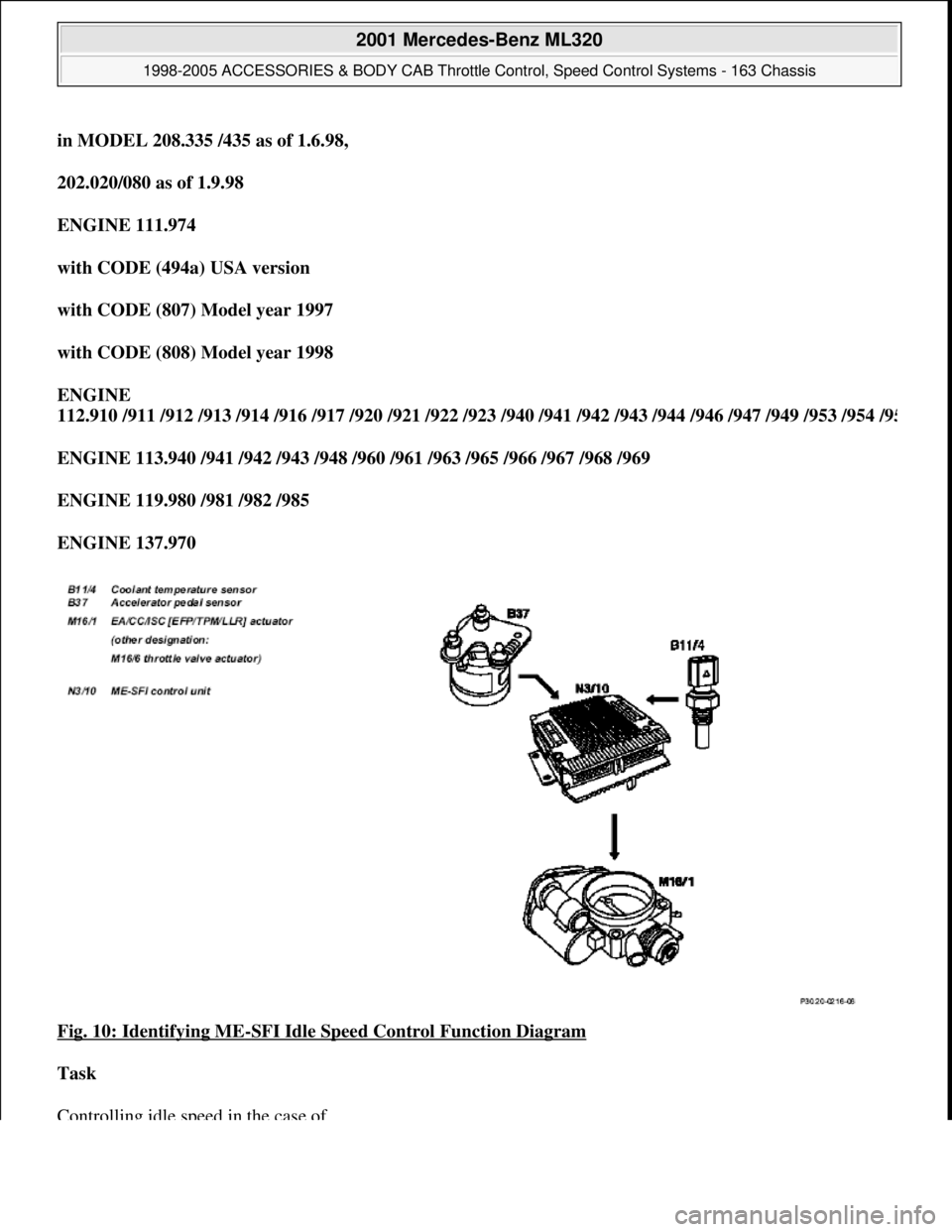 MERCEDES-BENZ ML320 1997  Complete Repair Manual in MODEL 208.335 /435 as of 1.6.98,  
202.020/080 as of 1.9.98  
ENGINE 111.974  
with CODE (494a) USA version  
with CODE (807) Model year 1997  
with CODE (808) Model year 1998  
ENGINE 
112.910 /91