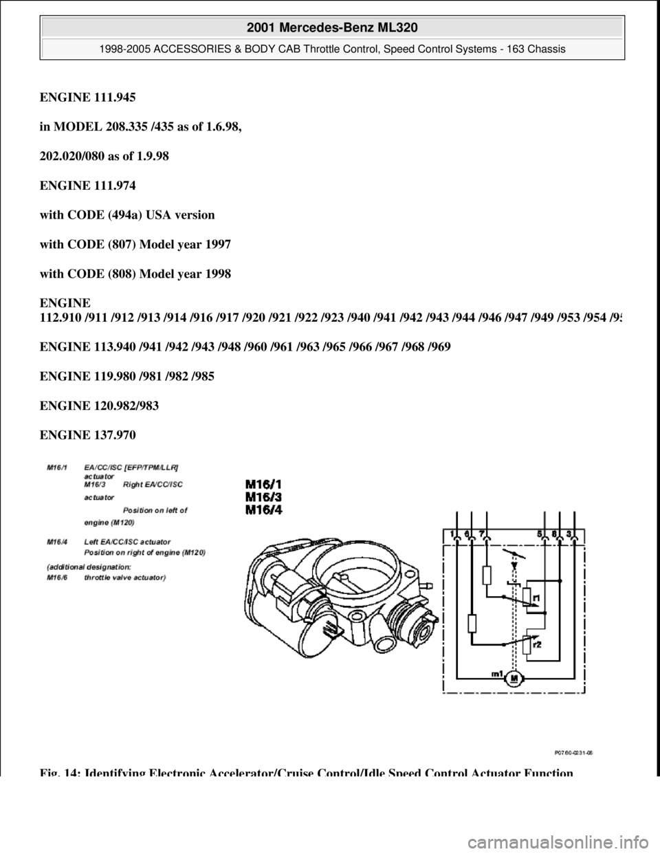 MERCEDES-BENZ ML320 1997  Complete Repair Manual ENGINE 111.945  
in MODEL 208.335 /435 as of 1.6.98,  
202.020/080 as of 1.9.98  
ENGINE 111.974  
with CODE (494a) USA version  
with CODE (807) Model year 1997  
with CODE (808) Model year 1998  
EN