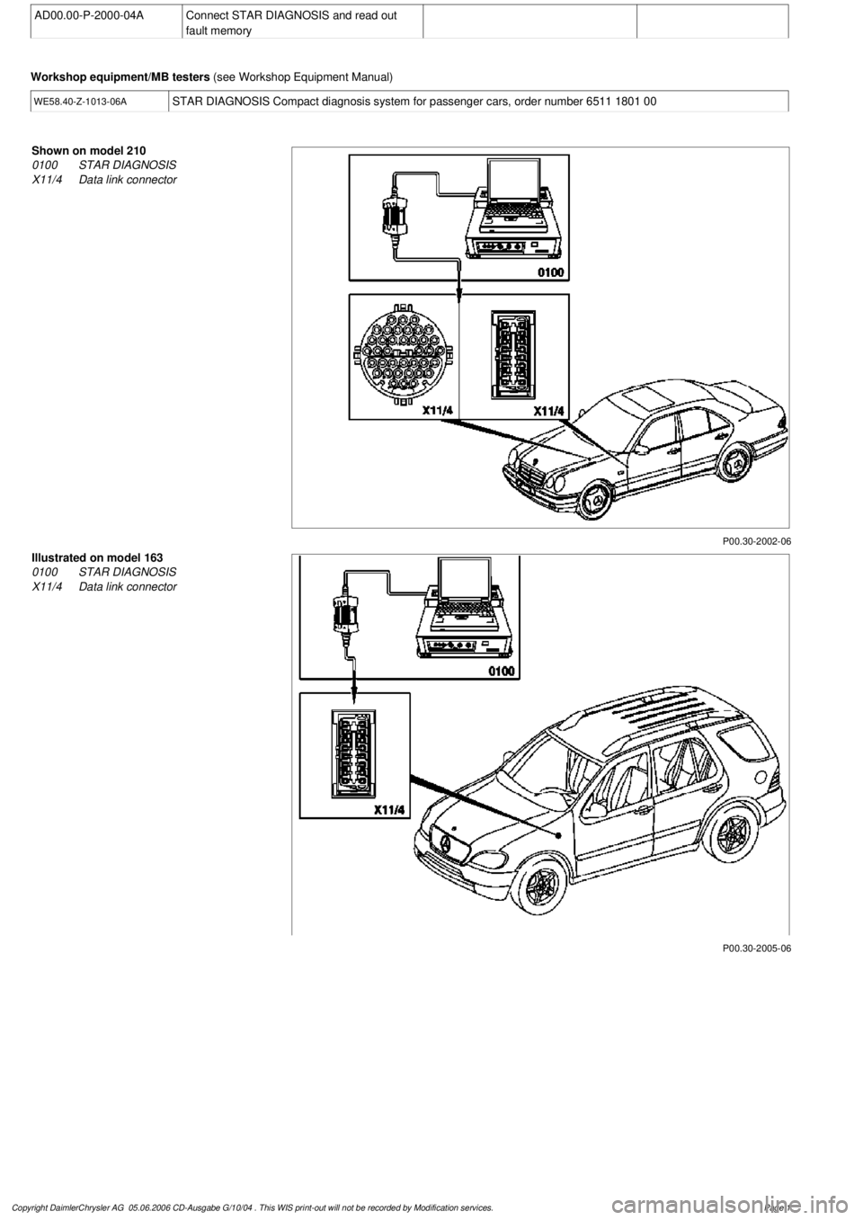 MERCEDES-BENZ ML320 1997  Complete Repair Manual 
 AD00.00-P-2000-04A
Connect STAR DIAGNOSIS and read out 

fault memory

Workshop equipment/MB testers 
 (see Workshop Equipment Manual)

WE58.40-Z-1013-06A
STAR DIAGNOSIS Compact diagnosis system for