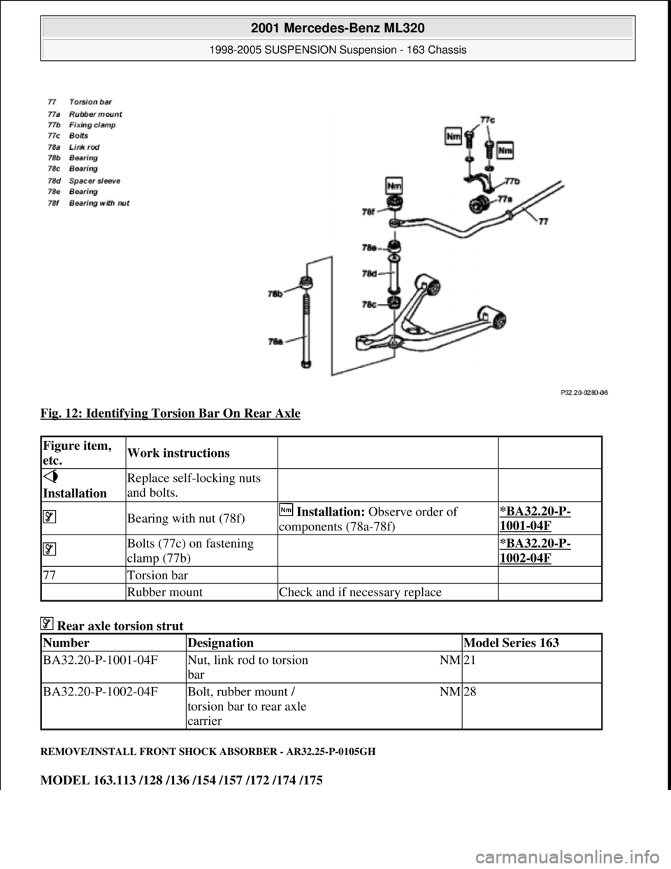 MERCEDES-BENZ ML320 1997  Complete Repair Manual Fig. 12: Identifying Torsion Bar On Rear Axle 
 Rear axle torsion strut 
REMOVE/INSTALL FRONT SHOCK ABSORBER - AR32.25-P-0105GH 
MODEL 163.113 /128 /136 /154 /157 /172 /174 /175
Figure item, 
etc.Work