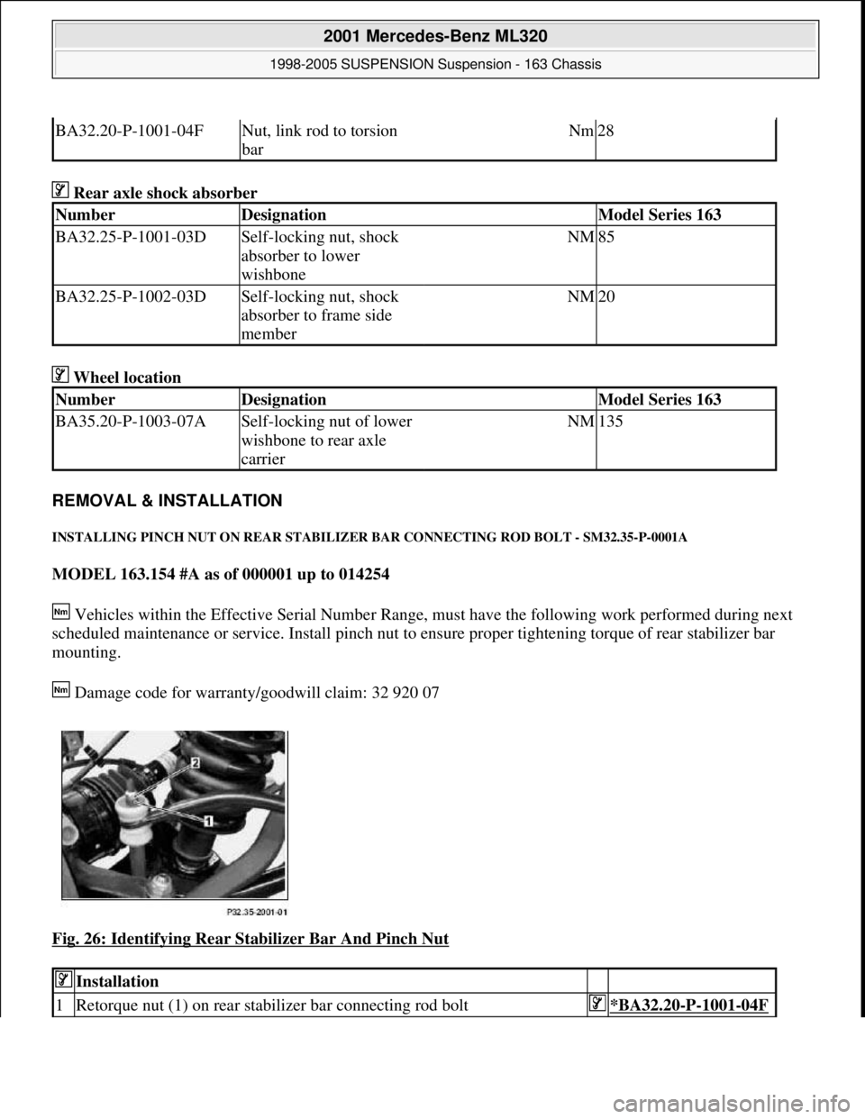 MERCEDES-BENZ ML320 1997 Complete Repair Manual Rear axle shock absorber
Wheel location
REMOVAL & INSTALLATION
INSTALLING PINCH NUT ON REAR STABILIZER BAR CONNECTING ROD BOLT - SM32.35-P-0001A
MODEL 163.154 #A as of 000001 up to 014254
Veh MERCEDES-BENZ ML320 1997 Complete Repair Manual Rear axle shock absorber
Wheel location
REMOVAL & INSTALLATION
INSTALLING PINCH NUT ON REAR STABILIZER BAR CONNECTING ROD BOLT - SM32.35-P-0001A
MODEL 163.154 #A as of 000001 up to 014254
Veh