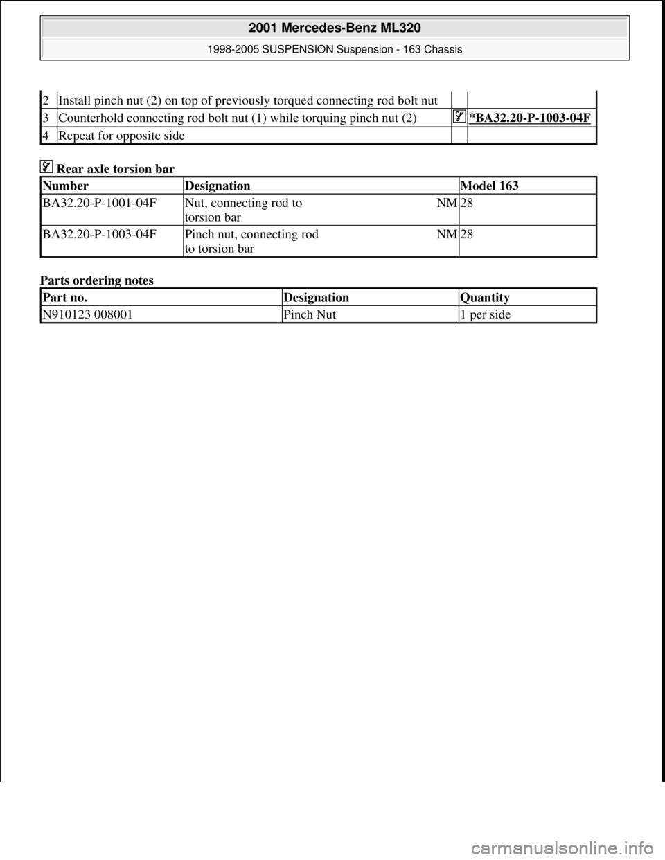 MERCEDES-BENZ ML320 1997  Complete Repair Manual  Rear axle torsion bar 
Parts ordering notes 
2Install pinch nut (2) on top of previously torqued connecting rod bolt nut  
3Counterhold connecting rod bolt nut (1) while torquing pinch nut (2)*BA32.2