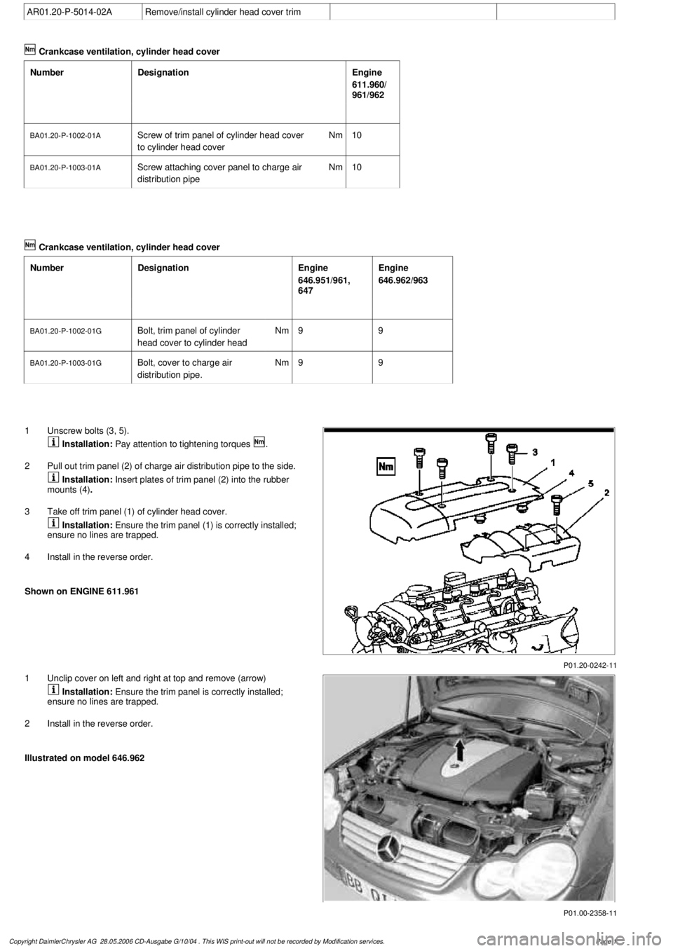 MERCEDES-BENZ ML320 1997 Complete Repair Manual
AR01.20-P-5014-02A
Remove/install cylinder head cover trim
Crankcase ventilation, cylinder head cover
Number
Designation
Engine
611.960/
961/962
BA01.20-P-1002-01A
Screw of trim panel of cyli MERCEDES-BENZ ML320 1997 Complete Repair Manual
AR01.20-P-5014-02A
Remove/install cylinder head cover trim
Crankcase ventilation, cylinder head cover
Number
Designation
Engine
611.960/
961/962
BA01.20-P-1002-01A
Screw of trim panel of cyli
