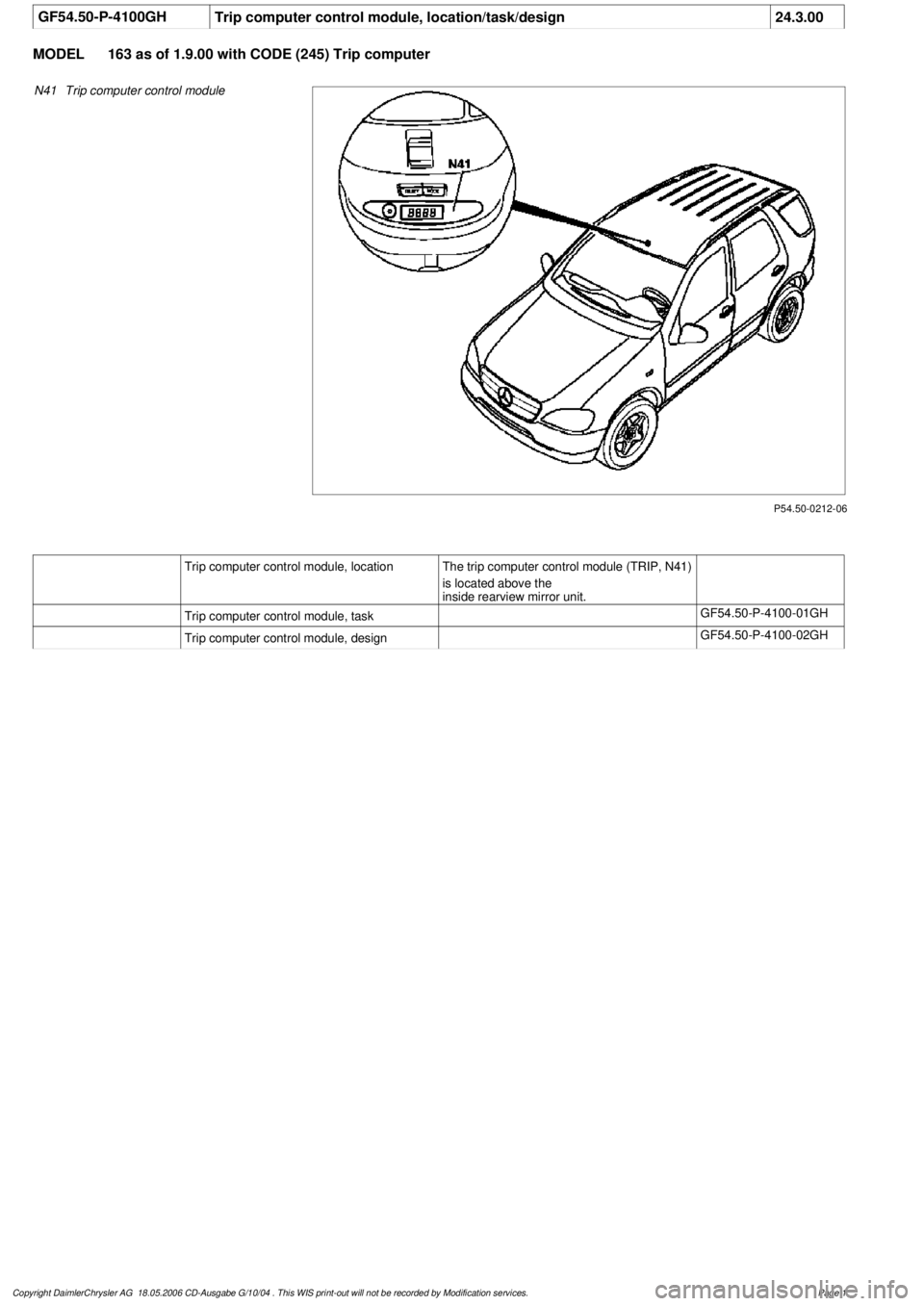 MERCEDES-BENZ ML320 1997  Complete Repair Manual 
 GF54.50-P-4100GH
Trip computer control module, location/task/design
24.3.00

MODEL 
163 as of 1.9.00 with CODE (245) Trip computer

P54.50-0212-06

N41
Trip computer control module

Trip computer co