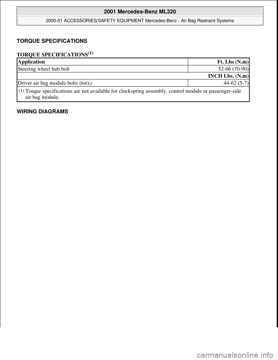 MERCEDES-BENZ ML320 1997  Complete Repair Manual TORQUE SPECIFICATIONS  
TORQUE SPECIFICATIONS
(1)     
WIRING DIAGRAMS 
ApplicationFt. Lbs (N.m)
Steering wheel hub bolt52-66 (70-90)
INCH Lbs. (N.m)
Driver air bag module bolts (torx)44-62 (5-7)
(1)T