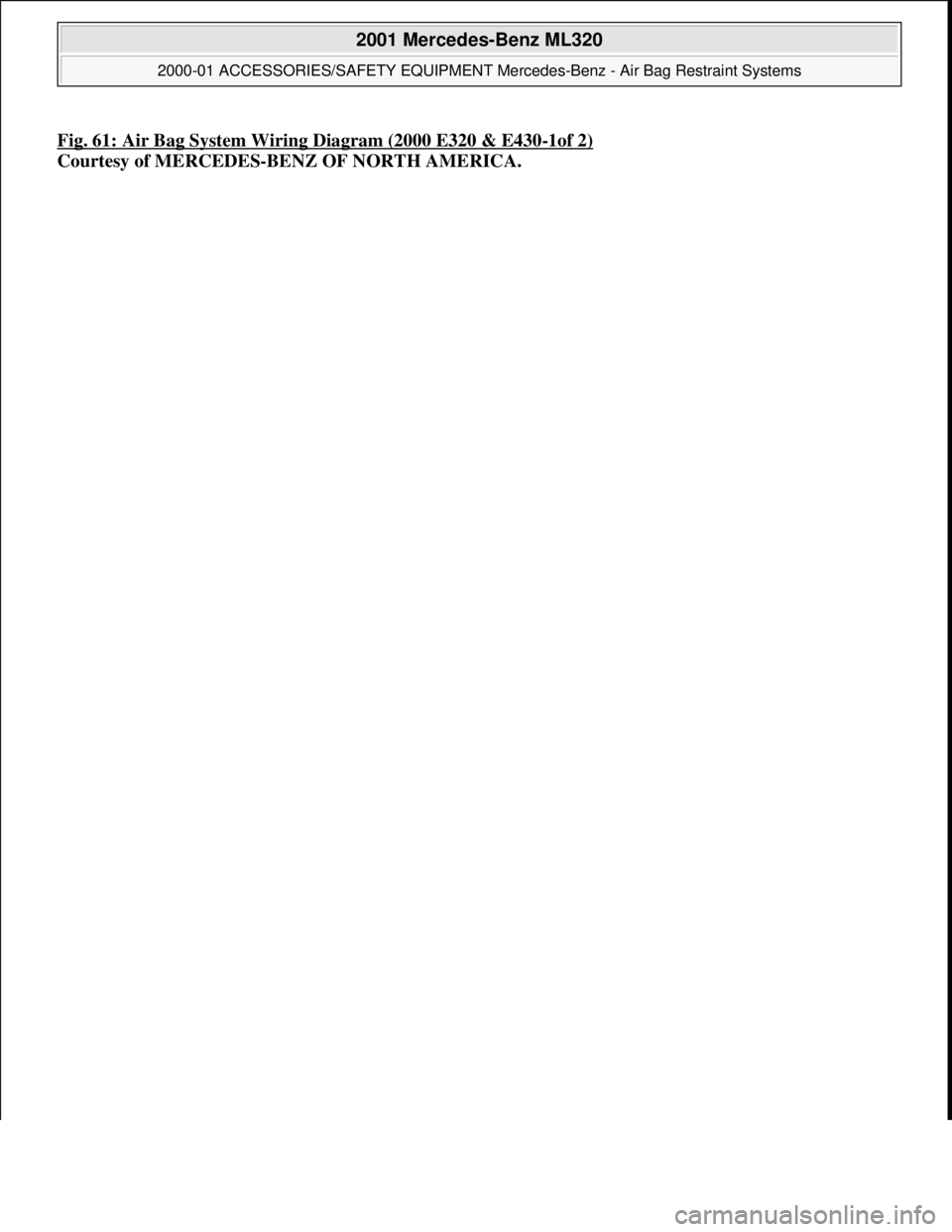 MERCEDES-BENZ ML320 1997  Complete Repair Manual Fig. 61: Air Bag System Wiring Diagram (2000 E320 & E430-1of 2)
Courtesy of MERCEDES-BENZ OF NORTH AMERICA.
 
2001 Mercedes-Benz ML320 
2000-01 ACCESSORIES/SAFETY EQUIPMENT Merc edes-Benz - Air Bag Re