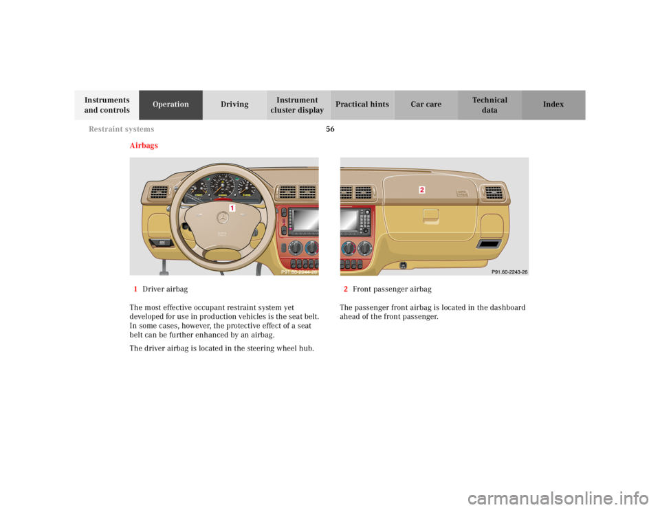 MERCEDES-BENZ ML320 1997  Complete Repair Manual 56 
Restraint systems
Te ch n ica l 
data 
Instruments  
and controls  Operation 
Driving Instrument  
cluster display  Practical hints Car care Index 
Airbags 
1  Driver airbag 
The most effective oc