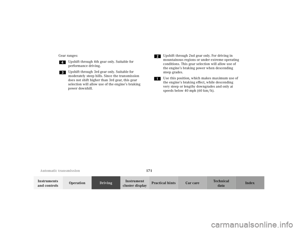 MERCEDES-BENZ ML320 1997  Complete Repair Manual 171 
Automatic transmission
Te ch n ica l 
data 
Instruments  
and controls  Operation 
Driving Instrument  
cluster display  Practical hints Car care Index 
Gear ranges: 
Upshift through 4th gear onl