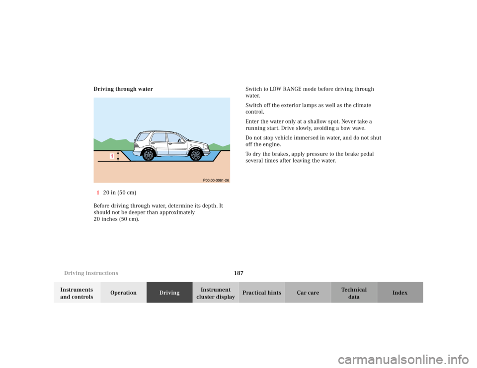 MERCEDES-BENZ ML320 1997  Complete Repair Manual 187 
Driving instructions
Te ch n ica l 
data 
Instruments  
and controls  Operation 
Driving Instrument  
cluster display  Practical hints Car care Index 
Driving through water 
1  20 in (50 cm) 
Bef