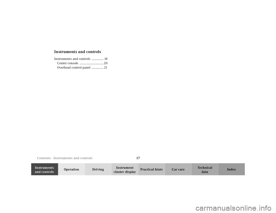 MERCEDES-BENZ ML320 1997  Complete Repair Manual 17 Contents - Instruments and controls
Te ch n ica l
data Instruments 
and controlsOperation DrivingInstrument 
cluster displayPractical hints Car care Index
Instruments and controlsInstruments and co