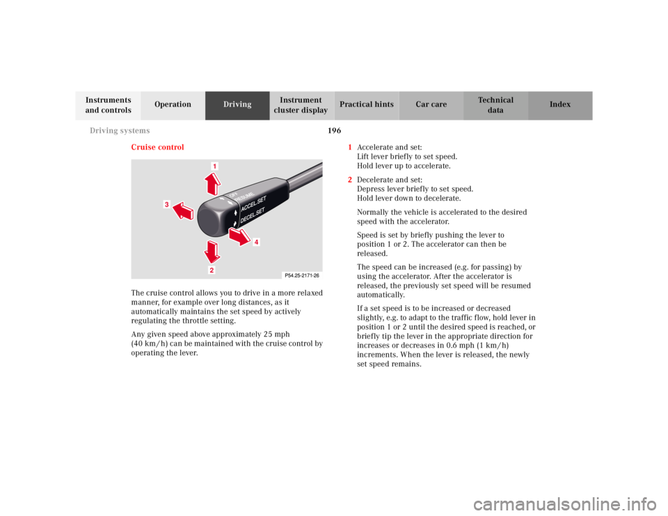 MERCEDES-BENZ ML320 1997 Complete Repair Manual 196
Driving systems
Te ch n ica l
data
Instruments
and controls Operation
Driving Instrument
cluster display Practical hints Car care Index
Cruise control
The cruise control allows you to MERCEDES-BENZ ML320 1997 Complete Repair Manual 196
Driving systems
Te ch n ica l
data
Instruments
and controls Operation
Driving Instrument
cluster display Practical hints Car care Index
Cruise control
The cruise control allows you to