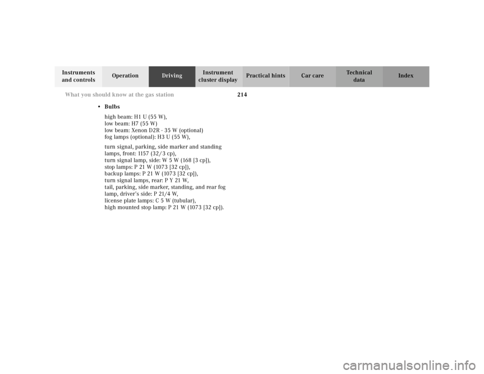 MERCEDES-BENZ ML320 1997  Complete Repair Manual 214 
What you should know at the gas station
Te ch n ica l 
data 
Instruments  
and controls  Operation 
Driving Instrument  
cluster display  Practical hints Car care Index 
•Bulbs  high beam: H1 U