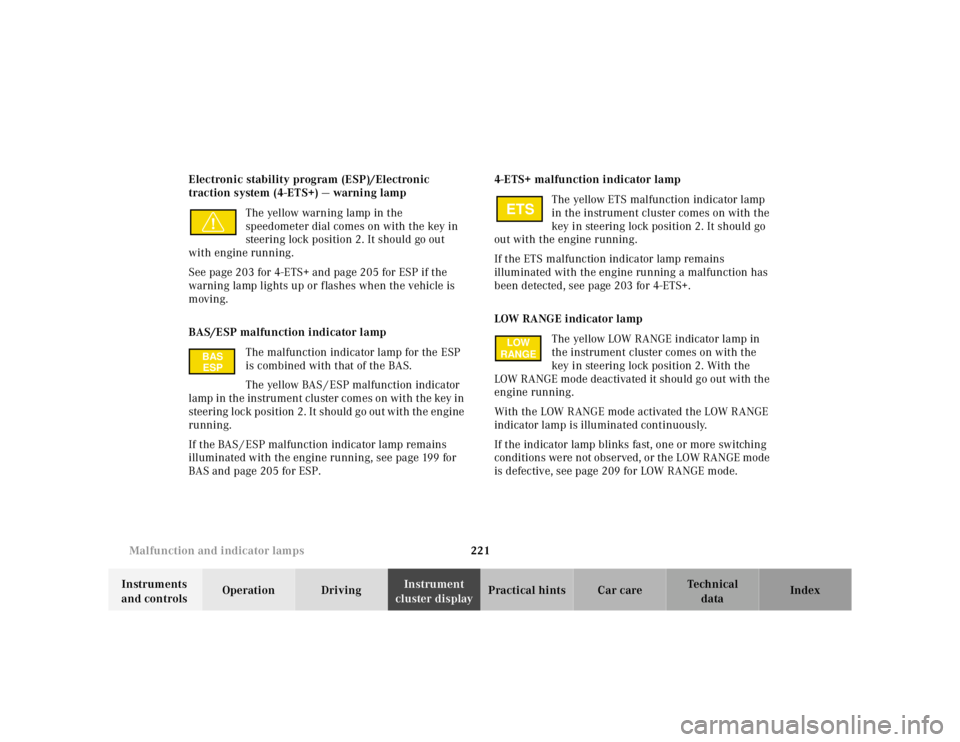 MERCEDES-BENZ ML320 1997  Complete Repair Manual 221 
Malfunction and indicator lamps
Te ch n ica l 
data 
Instruments  
and controls  Operation Driving 
Instrument  
cluster display  Practical hints Car care Index 
Electronic stability program (ESP