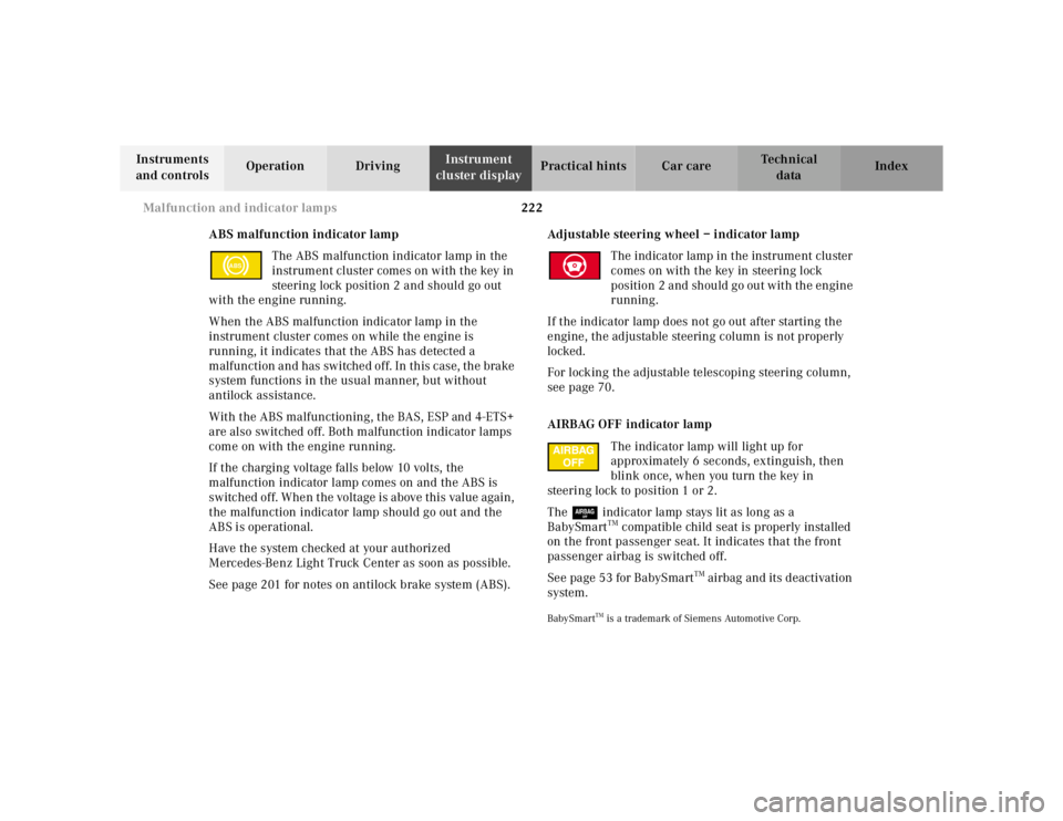 MERCEDES-BENZ ML320 1997 Complete Repair Manual 222
Malfunction and indicator lamps
Te ch n ica l
data
Instruments
and controls Operation Driving
Instrument
cluster display Practical hints Car care Index
ABS malfunction indicator lamp T MERCEDES-BENZ ML320 1997 Complete Repair Manual 222
Malfunction and indicator lamps
Te ch n ica l
data
Instruments
and controls Operation Driving
Instrument
cluster display Practical hints Car care Index
ABS malfunction indicator lamp T