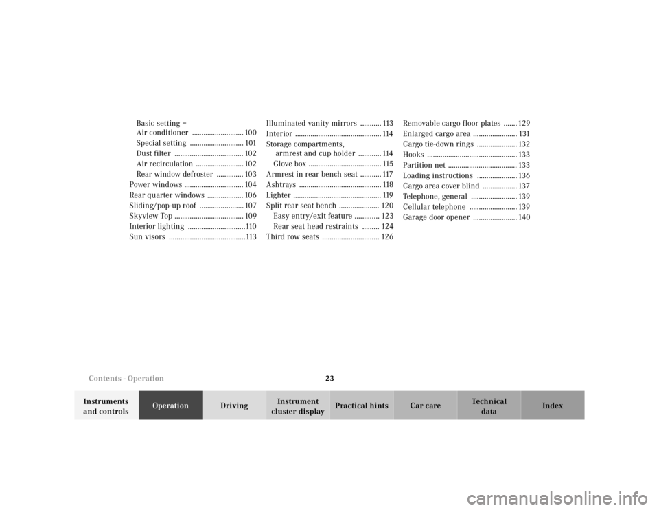 MERCEDES-BENZ ML320 1997  Complete Repair Manual 23 Contents - Operation
Te ch n ica l
data Instruments 
and controlsOperationDrivingInstrument 
cluster displayPractical hints Car care Index Basic setting – 
Air conditioner  ......................