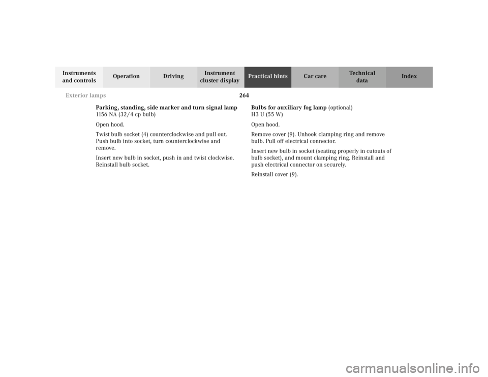 MERCEDES-BENZ ML320 1997  Complete Repair Manual 264 
Exterior lamps
Te ch n ica l 
data 
Instruments  
and controls  Operation Driving 
Instrument  
cluster display  Practical hints 
Car care Index 
Parking, standing, side marker and turn signal la