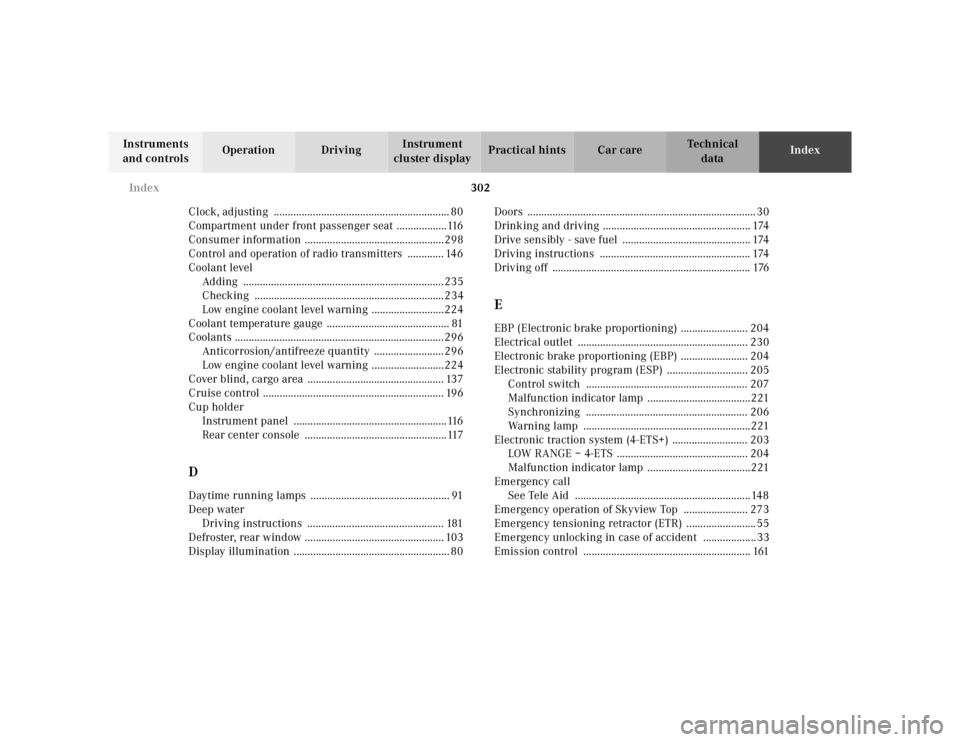 MERCEDES-BENZ ML320 1997  Complete Repair Manual 302 
Index
Te ch n ica l 
data 
Instruments  
and controls  Operation Driving 
Instrument  
cluster display  Practical hints Car care 
Index 
Clock, adjusting  ........................................