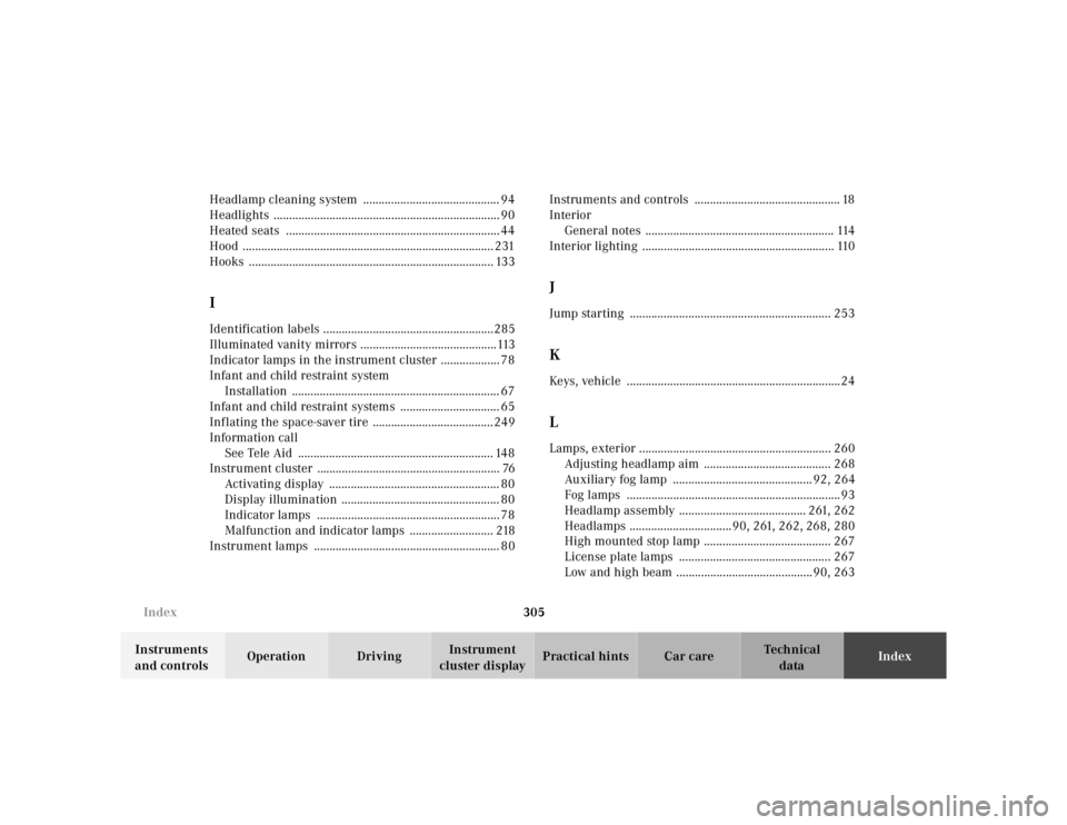 MERCEDES-BENZ ML320 1997  Complete Repair Manual 305 
Index
Te ch n ica l 
data 
Instruments  
and controls  Operation Driving 
Instrument  
cluster display  Practical hints Car care 
Index 
Headlamp cleaning system  ................................