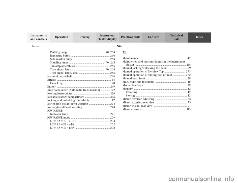 MERCEDES-BENZ ML320 1997  Complete Repair Manual 306 
Index
Te ch n ica l 
data 
Instruments  
and controls  Operation Driving 
Instrument  
cluster display  Practical hints Car care 
Index 
Parking lamp  ............................................