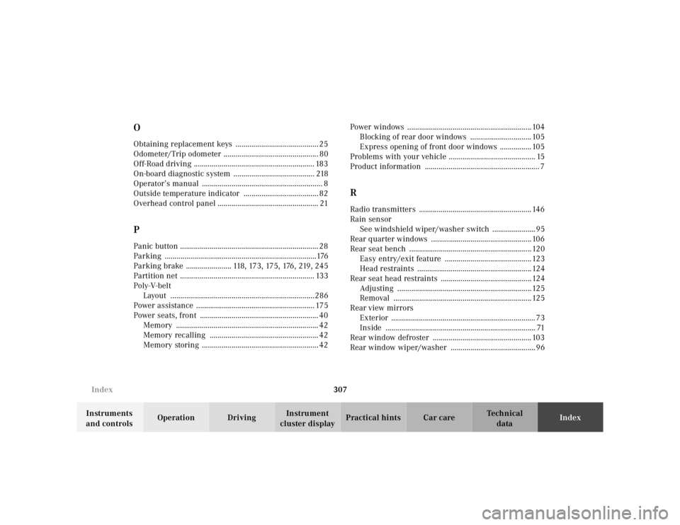 MERCEDES-BENZ ML320 1997  Complete Repair Manual 307 
Index
Te ch n ica l 
data 
Instruments  
and controls  Operation Driving 
Instrument  
cluster display  Practical hints Car care 
Index
OObtaining replacement keys  ..............................