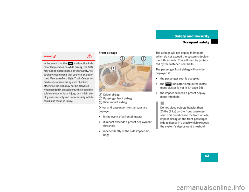 MERCEDES-BENZ ML320 1997  Complete Repair Manual 63 Safety and Security
Occupant safety
Front airbags
1Driver airbag
2Passenger front airbag
3Side impact airbag
Driver and passenger front airbags are 
deployed:
in the event of a frontal impact

if
